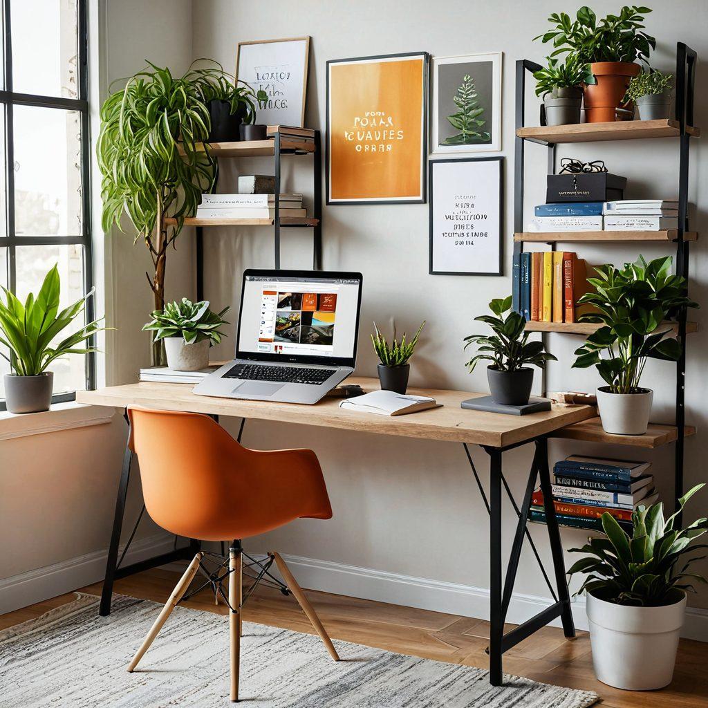 A modern home office setup featuring a laptop open with online courses displayed, a stack of colorful books on learning strategies, and a cozy chair with a motivational poster on the wall. A calm, organized environment with soft natural light streaming in through a window, accented by houseplants. super-realistic. warm colors. vibrant details.