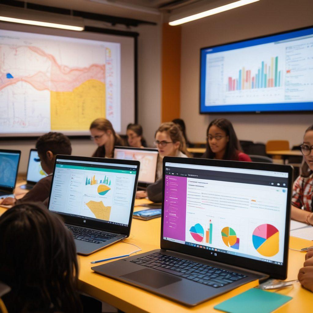 A diverse group of students engaged in virtual learning on laptops, showcasing various educational tools like notebooks, charts, and colorful mind maps. The background features a digital classroom vibe with elements like a large virtual screen displaying educational content. Bright and inspiring lighting enhances the focus on collaboration and innovation in online education. vivid colors. modern style. educational theme.