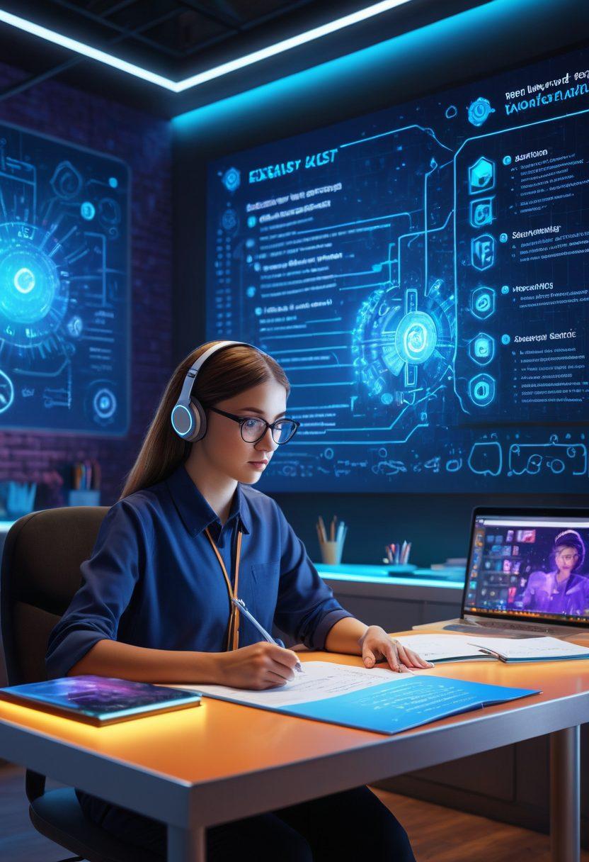 A determined student seated at a modern digital workspace, surrounded by floating holographic educational tools like books, graphs, and gears, symbolizing online learning. The backdrop features a serene virtual classroom with inspiring quotes on the walls. A glimpse of an exam preparation checklist is visible on the screen. The overall atmosphere conveys focus and empowerment. super-realistic. vibrant colors. 3D.